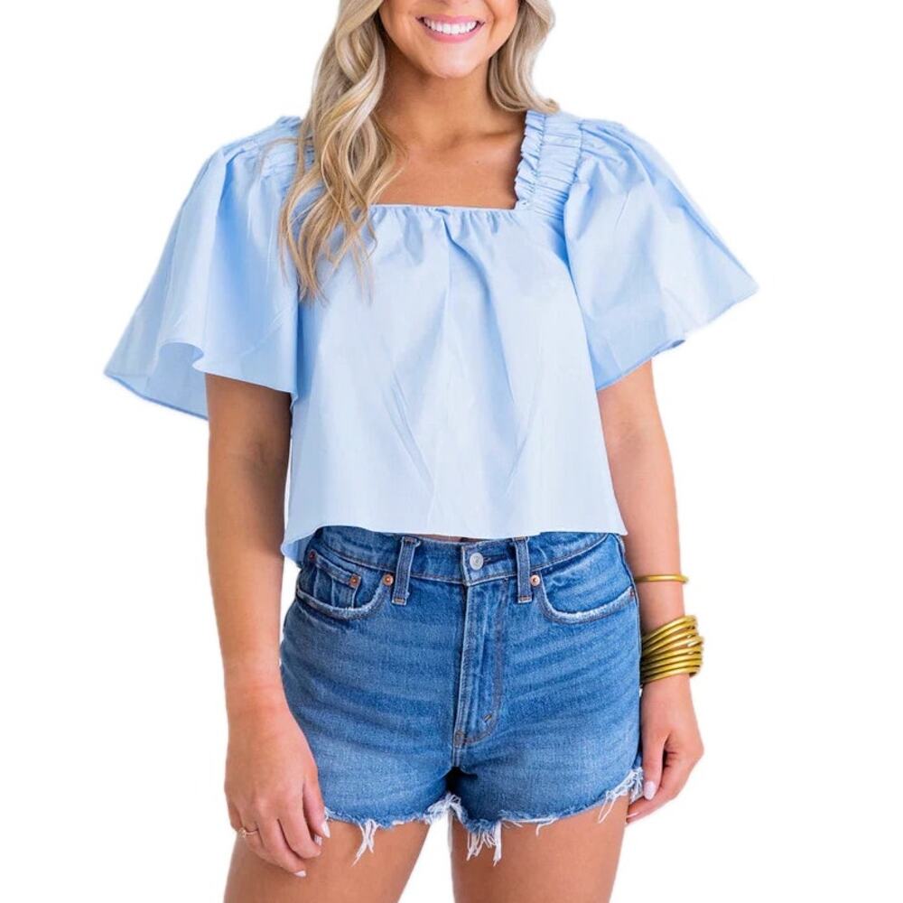 Karlie Solid Light Blue Poplin Cotton Flutter Puff Sleeve Square Neck Boho Top